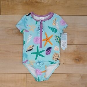 Cat & Jack Aqua Starfish and Seashell Rashguard Swimsuit NWT